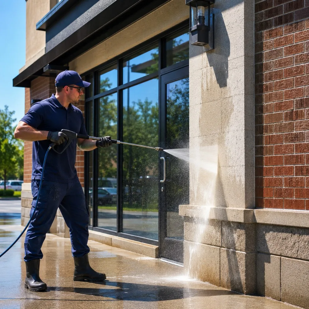 Technician pressure washing a commercial building exterior