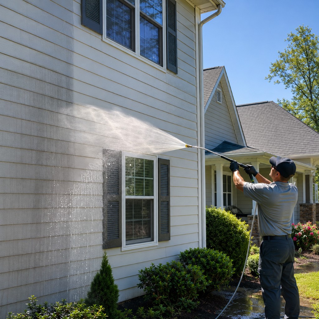 Technician soft washing the siding of a two-story home